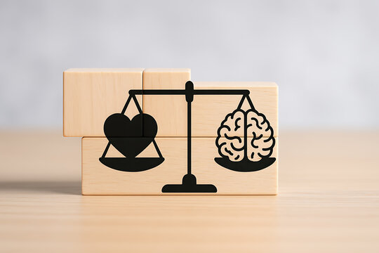 Balance scale with heart and brain shapes on wooden blocks still life
