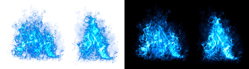 Blue fire flames burning intensely in a bonfire shape with realistic smoky tongues and bright glowing embers on a black background with PNG, Transparent and Black Background Versions arranged © Crafter