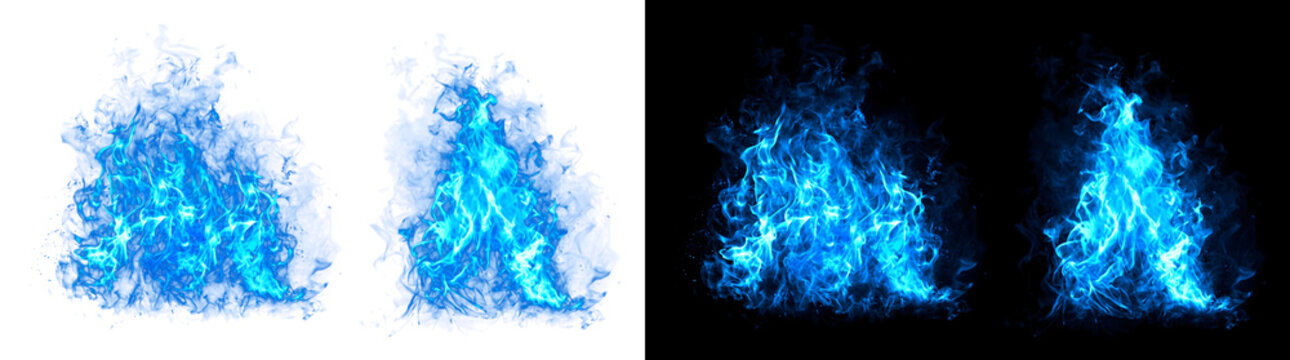 Blue fire flames burning intensely in a bonfire shape with realistic smoky tongues and bright glowing embers on a black background with PNG, Transparent and Black Background Versions arranged