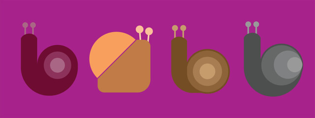Modern minimalist snail icon collection featuring four unique flat vector designs in multiple color variations. Created with simple geometric shapes, clean lines, and rounded forms, these snail illust © sofian