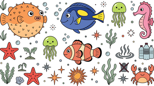 Cute Ocean Marine Life Collection with Tropical Fish, Jellyfish, Seahorse, Crab, Starfish, Seaweed, and Underwater Cartoon Vector Set