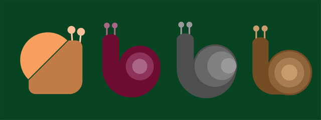Modern minimalist snail icon collection featuring four unique flat vector designs in multiple color variations. Created with simple geometric shapes, clean lines, and rounded forms, these snail illust © sofian