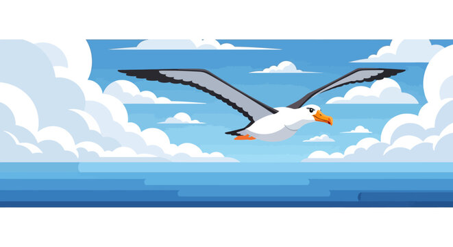 Pixel art albatross soaring over ocean waves below cloudy sky.