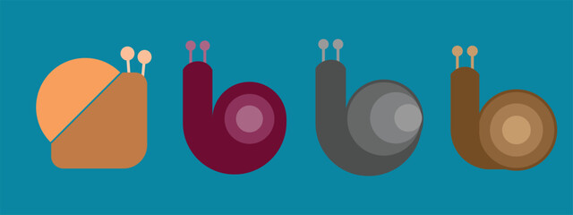 Modern minimalist snail icon collection featuring four unique flat vector designs in multiple color variations. Created with simple geometric shapes, clean lines, and rounded forms, these snail illust © sofian