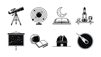 Illustrations of astronomy and space exploration equipment and symbols with transparent background © Fabuji