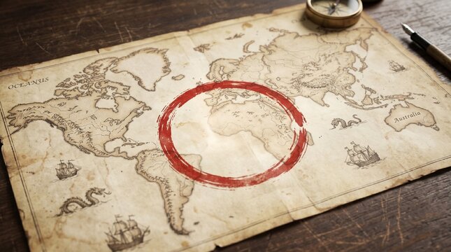 Vintage world map featuring a bold red circle over africa on a rustic wooden table with antique navigation tools and a classic fountain pen nearby