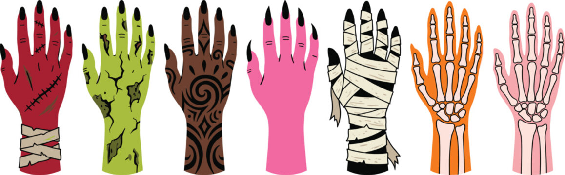 Halloween monster hand vector set featuring spooky cartoon arms including zombie mummy skeleton skeleton bones vampire witch and devil claw graphic elements