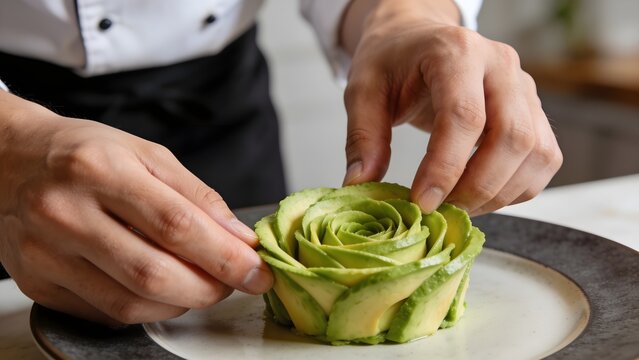 Artistic Cooking Food Prep Showing Chef Hands Arranging Sliced Avocado Rose with Hidden Face