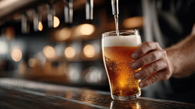 Hand holding a refreshing glass of golden beer as it is being poured from a tap, creating frothy head and bubbles at a lively bar counter