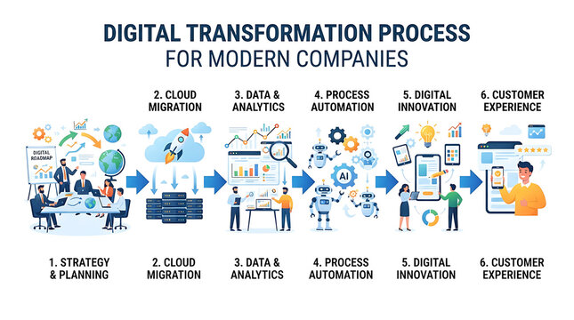 Digital transformation process flowchart for modern companies.