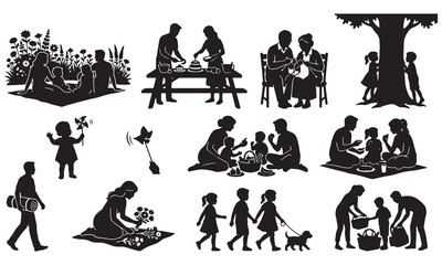 Obraz premium Assorted black silhouettes of families enjoying garden picnics, birthday cakes, walking with dogs, playing with pinwheels, and spending time under trees in the park