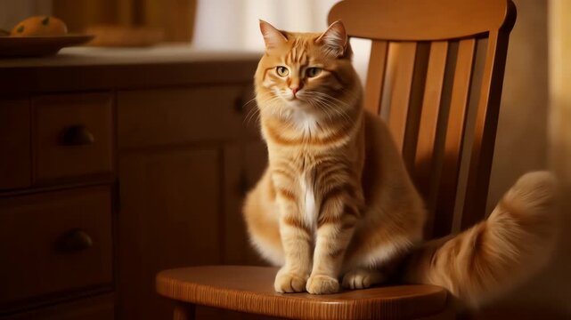 Beautiful Fluffy Orange Tabby Cat Sitting on a Wooden Chair in a Cozy Home Interior