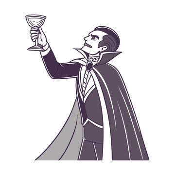 Vintage vampire count character holding a wine goblet, retro dracula illustration in cape, gothic horror vector for halloween party invitations