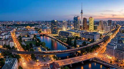 Obraz premium Panoramic view of the berlin skyline at twilight with the tv tower