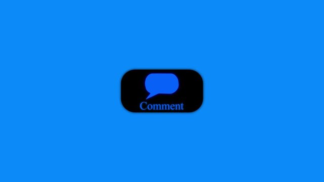 Black rounded rectangular button with a blue speech bubble and the word comment written below it centered on a solid blue background