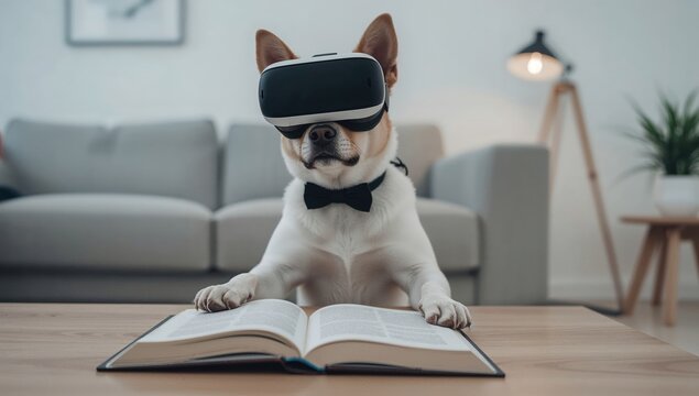 Dog wearing virtual reality headset and bow tie reading book at home on wooden table in modern living room