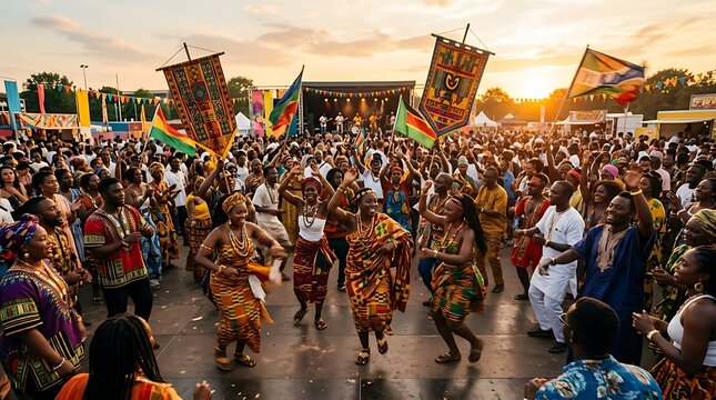 People dancing at a vibrant african heritage festival during sunset