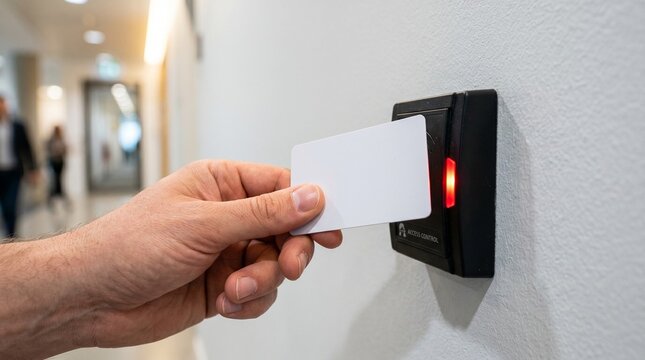 Employee holding a blank white security access card to a digital wall reader to unlock a secured office door in a modern professional building hallway