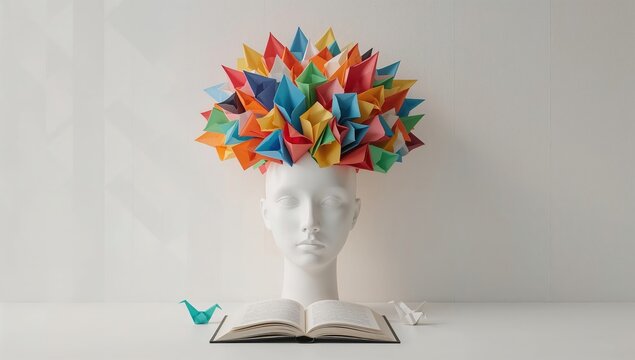 Creative mind concept with origami paper art on white mannequin head and open book in minimalist setting