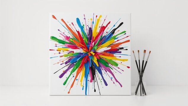 Vibrant abstract explosion painting on canvas with colorful brush strokes and paint brushes in minimalist white studio