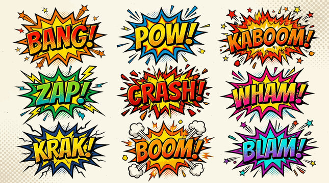 Comic book style sound effects with vibrant colors and explosive text bubbles, featuring various onomatopoeia like Bang, Pow, and Kaboom.