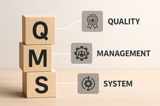 Wooden Blocks Spelling Qms Alongside Related Flat Icons On A Light Surface