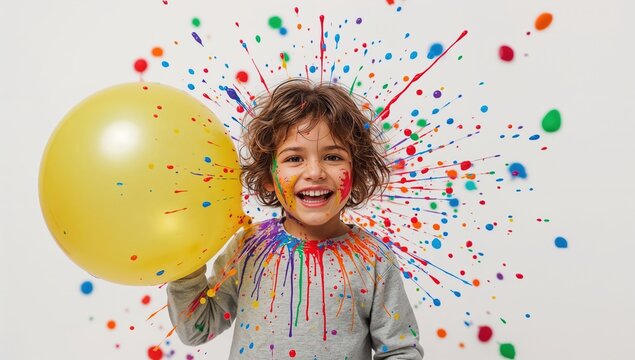 Joyful child with yellow balloon and colorful paint splash on white background, fun celebration, creative art expression, happy smiling kid