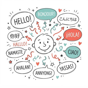 Hello Multiple Languages Doodle Illustration Speech Bubbles Greetings Language Learning Communication Hand Drawn Multilingual Concept