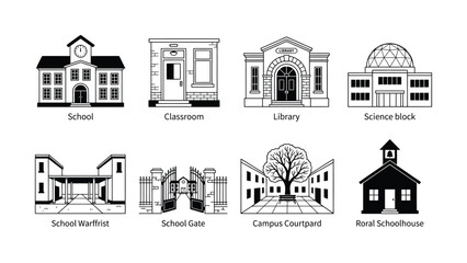 Illustrations of various educational buildings and campus structures in line art style © Fabuji
