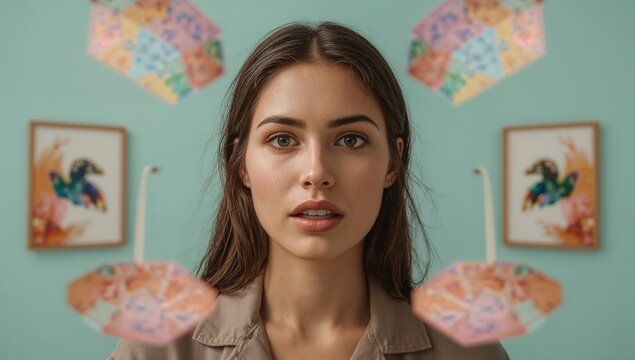 Portrait of young woman with brown hair and natural makeup surrounded by origami objects in artistic room with aquamarine walls