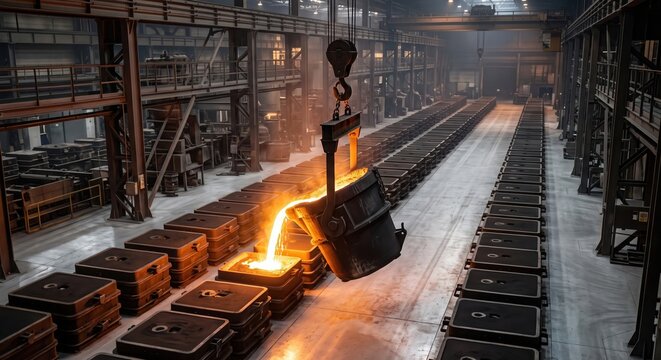 Epic industrial scene inside a heavy metallurgical factory. A massive crane pours glowing hot molten steel from a ladle into casting molds. Concept of modern manufacturing and metallurgy.