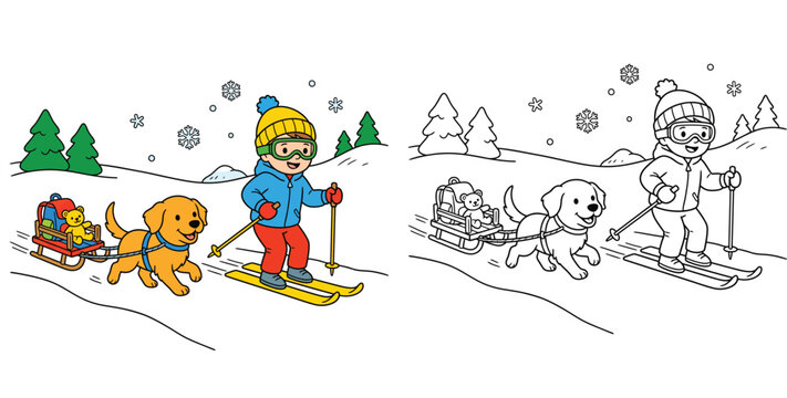 Cute Boy Skiing and Dog Pulling Sled Winter