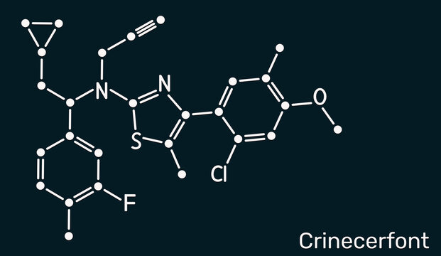 Crinecerfont molecule, for the treatment of congenital adrenal hyperplasia CAH. Corticotropin releasing factor type 1 receptor (CRF1R) antagonist. Skeletal chemical formula . Dark blue background
