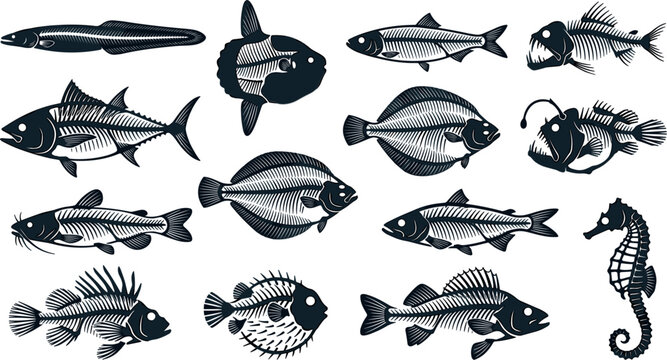 Deep Sea Fish and Marine Life Vector Silhouette Collection with Tuna Flounder Seahorse and Anglerfish Icons for Seafood Restaurant Menus and Ocean Education Diagrams