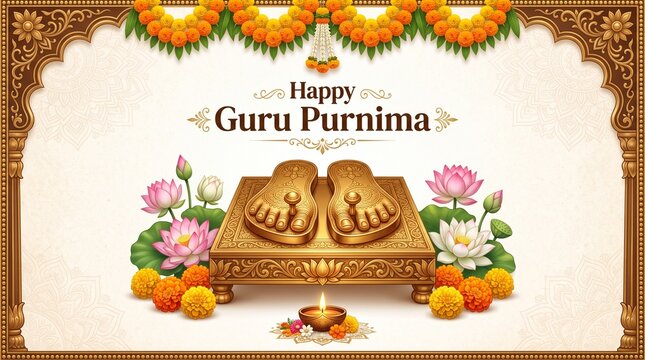 Happy guru purnima greeting with traditional paduka sandals and flowers
