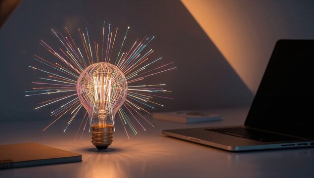 Creative workspace with glowing lightbulb and colorful spark effect for innovation, inspiration, technology, and modern ideas
