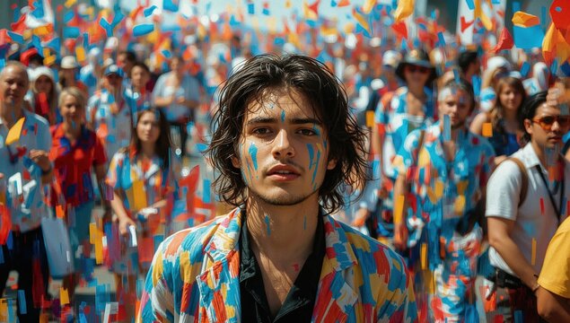 Young man with painted face in colorful confetti crowd celebrating festive urban street parade outdoor event
