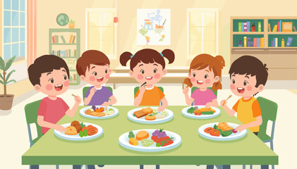 Five happy children enjoying a healthy meal together at a dining table in a brightly lit room with bookshelves in the background. © blu