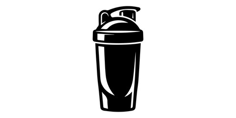 Protein shaker bottle stands as a simple graphic icon for fitness and sports nutrition supplements. Protein shaker bottle black silhouette vector white background © SujetaRani