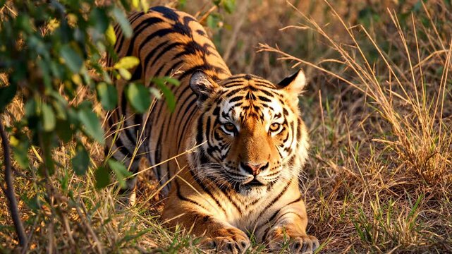 A majestic predatory tiger prepares to pounce upon unsuspecting prey while hidden within the tall golden grasses of the wilderness during a bright sunny afternoon in its natural sanctuary