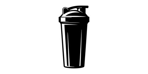 Protein shaker bottle stands as a simple graphic icon for fitness and sports nutrition supplements. Protein shaker bottle black silhouette vector white background © SujetaRani
