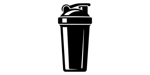 Protein shaker bottle stands as a simple graphic icon for fitness and sports nutrition supplements. Protein shaker bottle black silhouette vector white background © SujetaRani