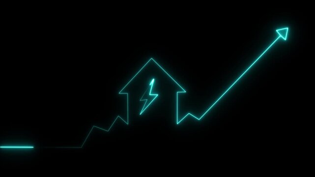 A cyan glowing neon line graph showing a house with a lightning bolt symbol and an upward trend arrow on a black background for power efficiency