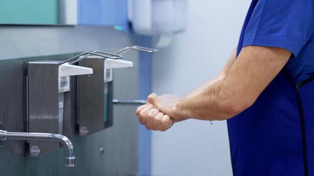 Unrecognized Caucasian man in blue uniform washes his hands carefully. Medic is getting ready for the surgery.