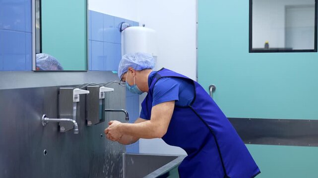 Male doctor in uniform, mask and cap washes his hands in the pre-operative room. Preparation for the surgery.