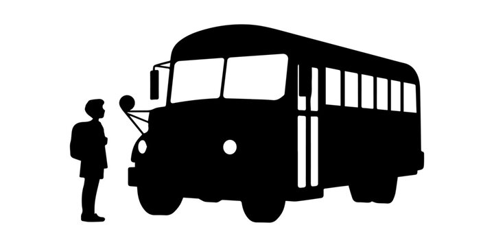 School bus and student black silhouette vector, Minimal black silhouette icon, simple flat vector, bold black shape, no gradients, no shading black silhouette of a school bus on a, flat icon style