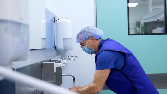 Caucasian medic washes his hands up to elbows. Disinfection and sterility concept.
