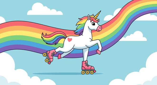 Rainbow Unicorn Skates Over Clouds on Roller Skates