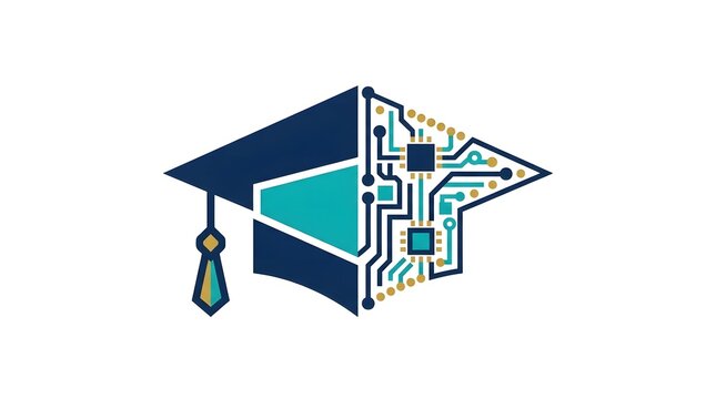 Conceptual logo of a graduation cap combined with a digital circuit board representing educational technology and online learning.