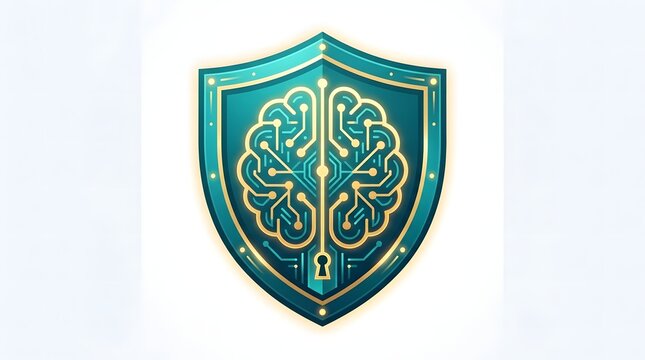 Cybersecurity shield icon with digital brain and circuit board pattern representing artificial intelligence protection.